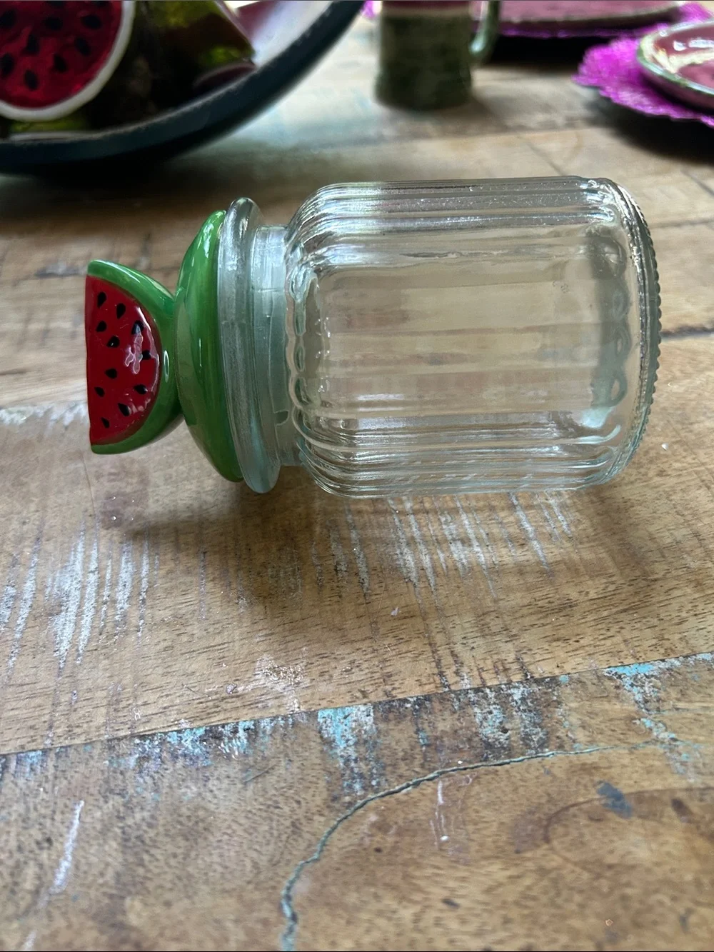 Watermelon-Top Green Lid Glass Spice Jar - Decorative Kitchen NWOT Canister